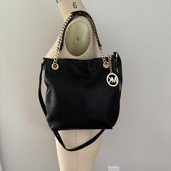 Michael Michael Kors Jet Set Black Pebbled Leather Medium Chain Shoulder Tote - Picture 1 of 9